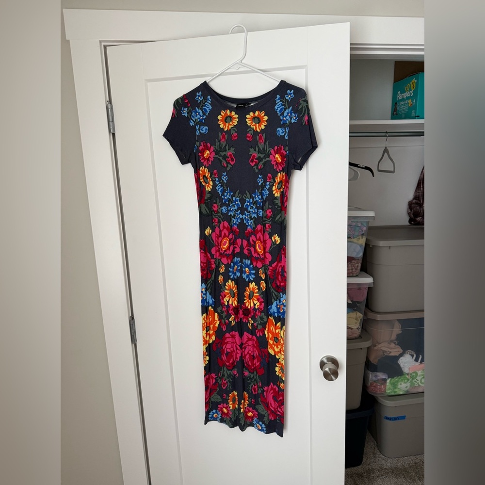 ASOS Blue and Black Sheath Midi Dress Short Sleeve Crew Neck